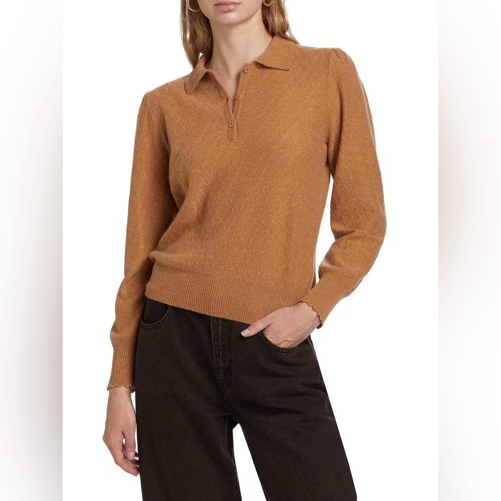 NWT $448 Frame Pointelle-Knit Cashmere Polo Sweater In Camel